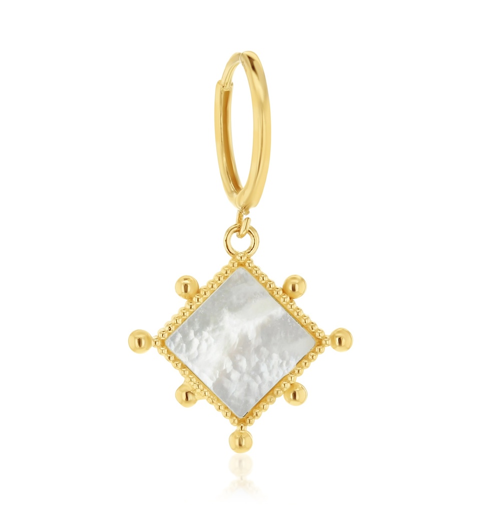 ## 9Y HUGGIE WITH DROP M.O.P DIAMOND WITH BEADED BALL BORDER