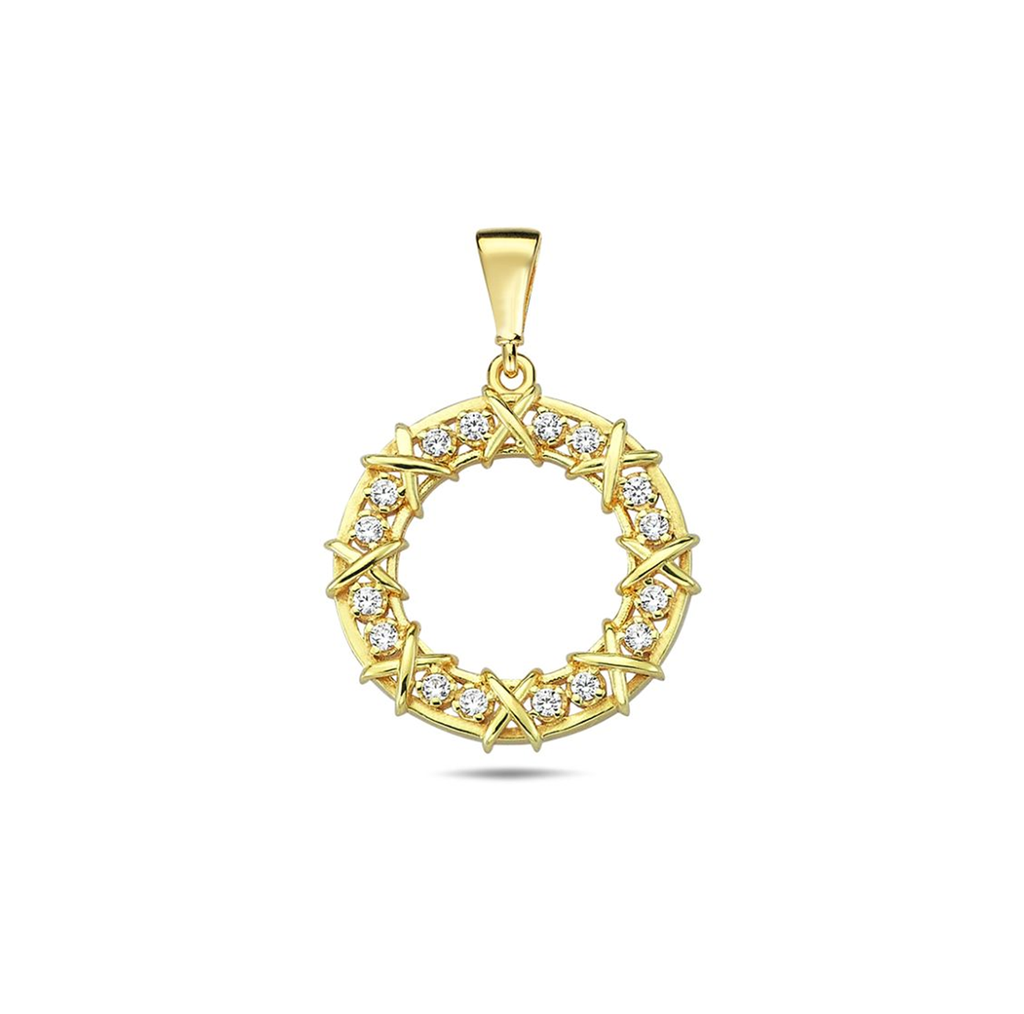 ### 9Y OPEN 16MM CIRCLE ALTERNATING TWO CZ WITH X BORDER PENDANT