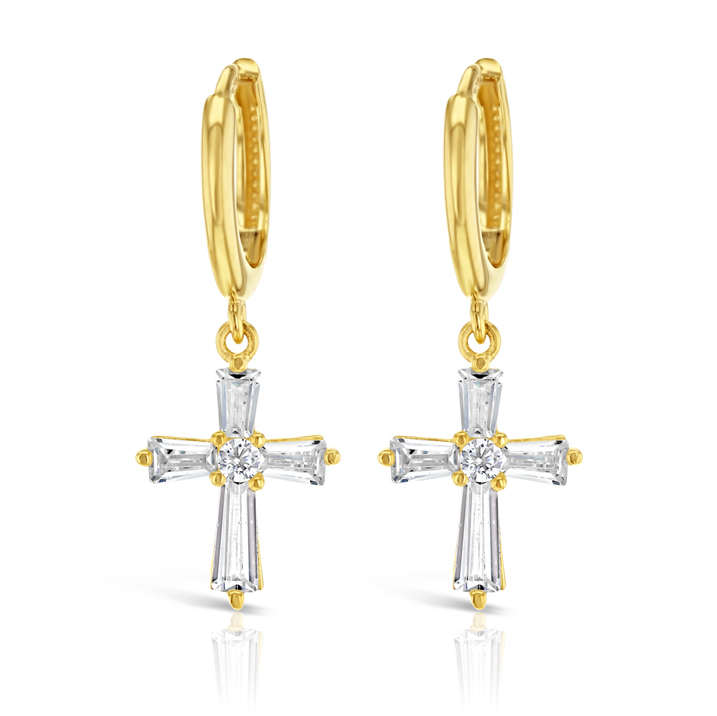 ## 9Y FANCY CZ CROSS ON PLAIN HUGGIE