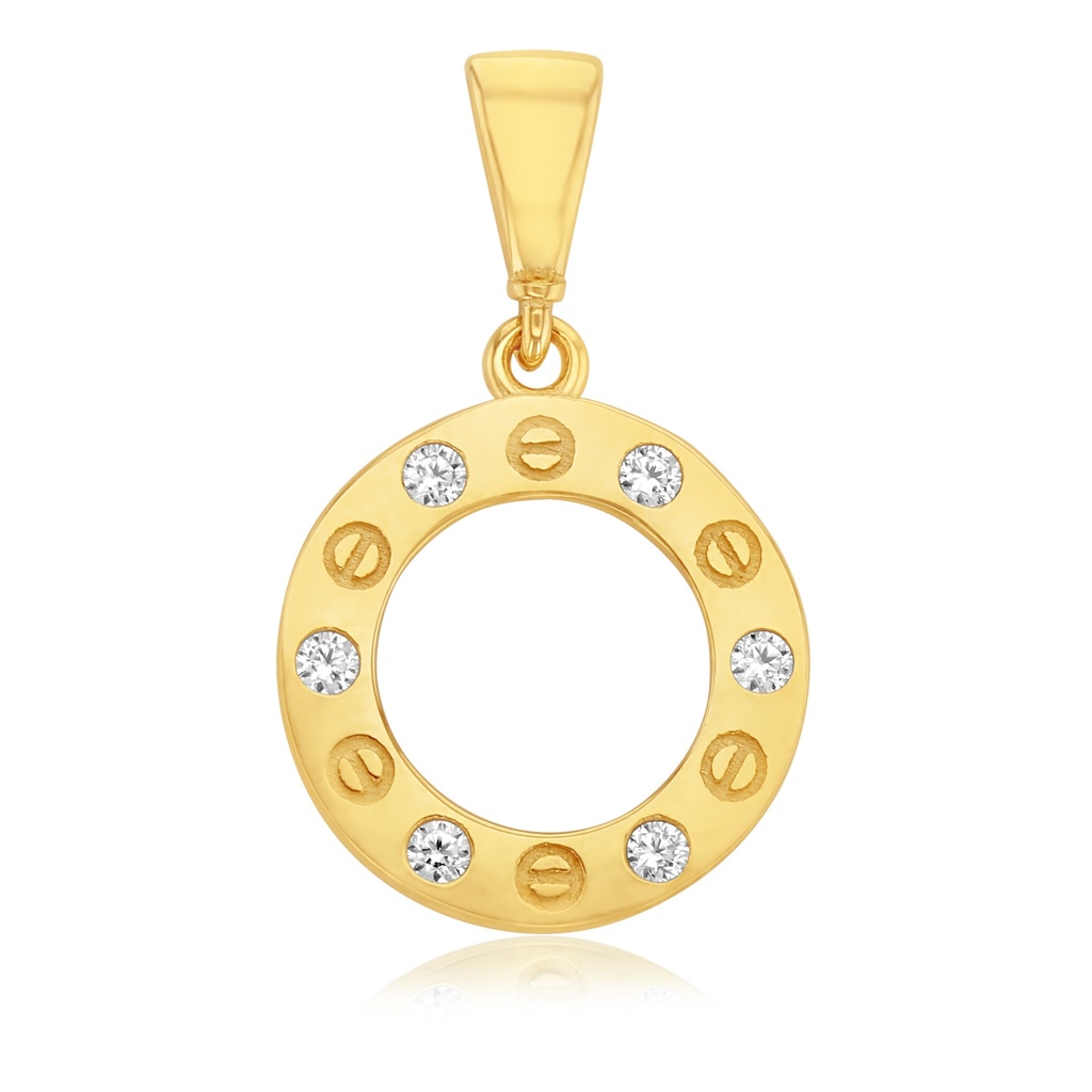 9Y OPEN 11.7MM CIRCLE ALTERNATING CZ AND SCREW BORDER PENDANT