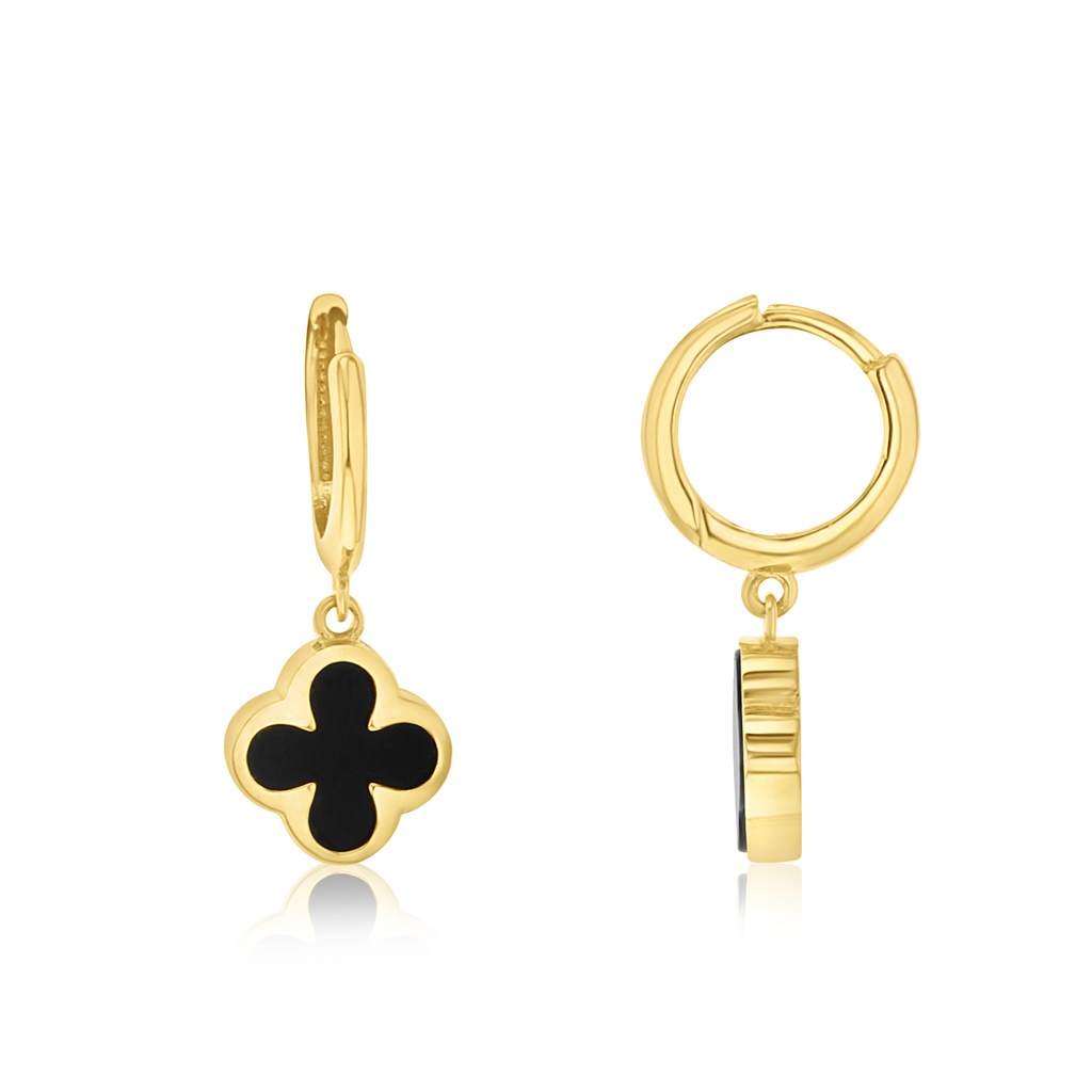 9Y HUGGIE WITH ONYX CLOVER DROP