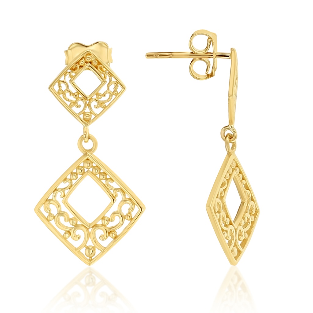 9Y FILIGREE DOUBLE SQUARE DROP STUD