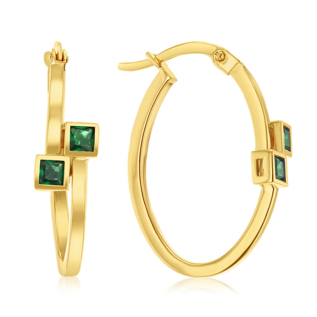 9Y DOUBLE SQUARE GREEN CZ OVERLAP OVAL HOOP