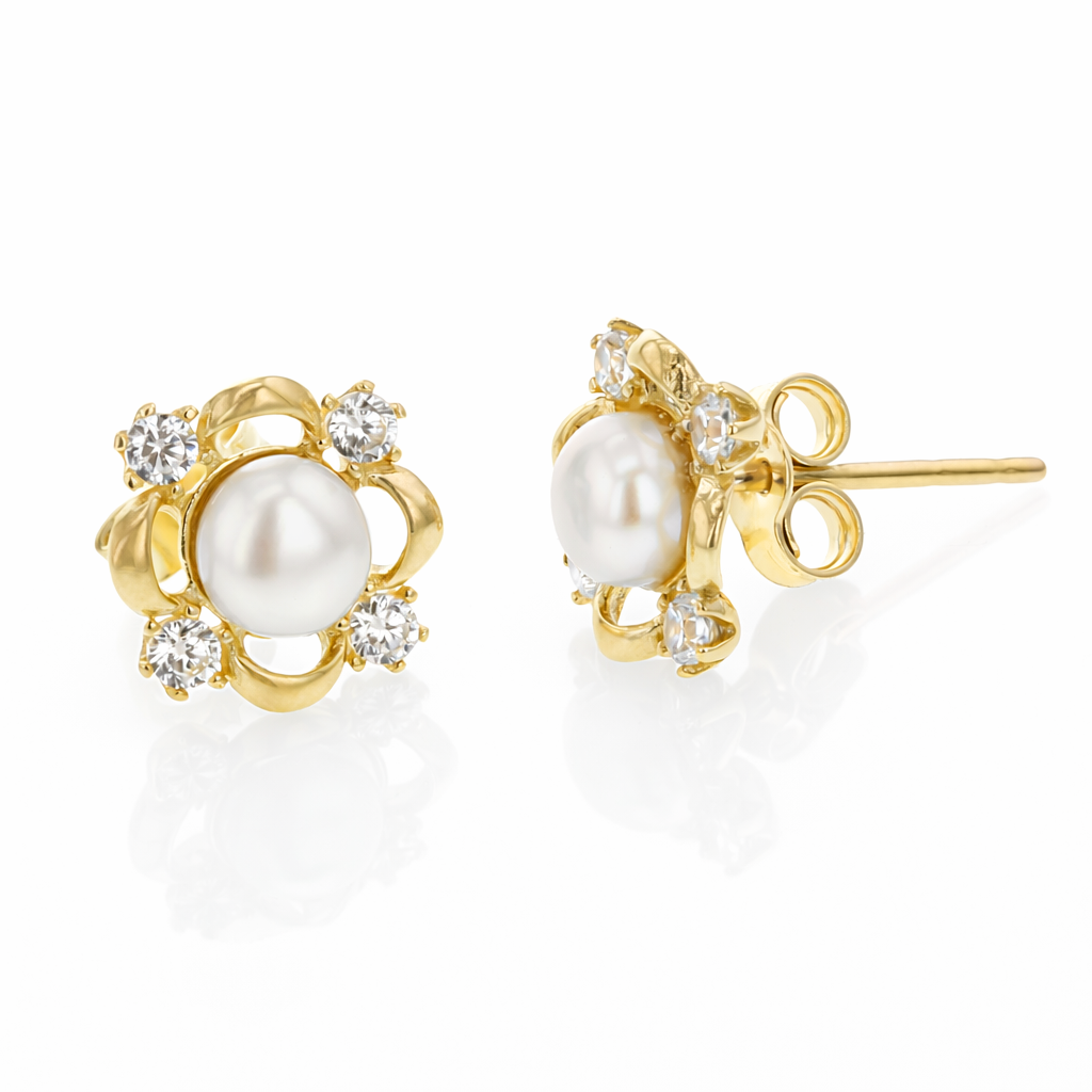 9Y PEARL WITH CZ SWIRL BORDER STUD EARRING