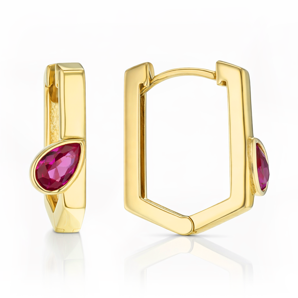 9Y FLAT PROFILE HUGGIE WITH RED TEARDROP STONE