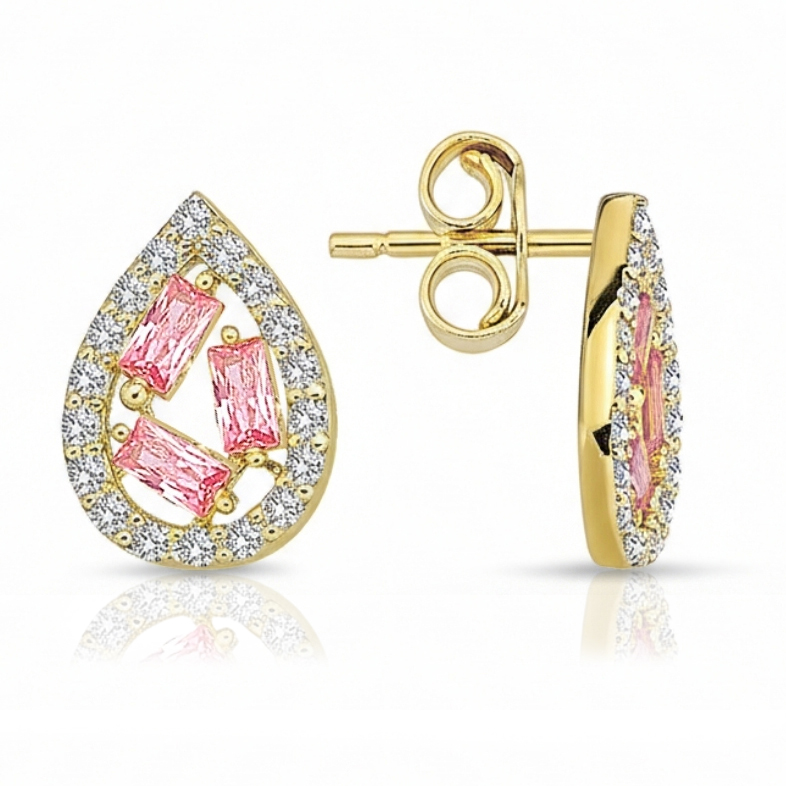 9Y CZ TEARDROP STUD WITH PINK STONES