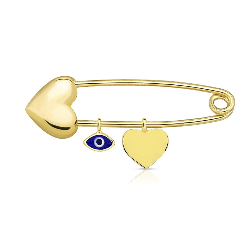 9Y HEART SAFETY PIN WITH FLAT HEART & EVIL EYE CHARM