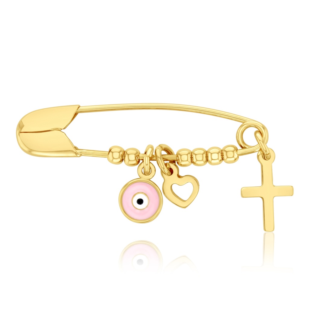 9Y SAFETY PIN W/ PINK EVIL EYE, HEART & CROSS