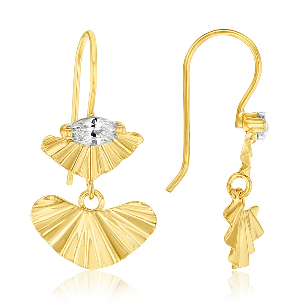 9Y DROP EARRING WITH CZ & PLEATED FAN DESIGN