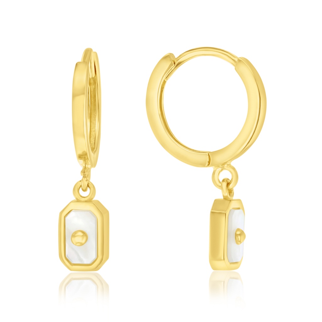 9Y HUGGIE HOOP EARRINGS WITH RECTANGULAR M.O.P. CHARMS
