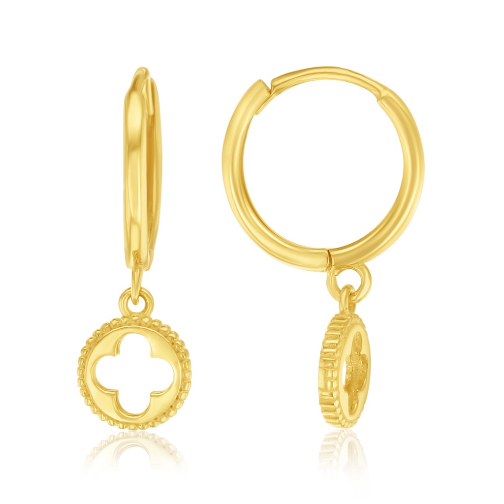 9Y HUGGIE HOOP EARRINGS WITH OPEN CLOVER CHARMS