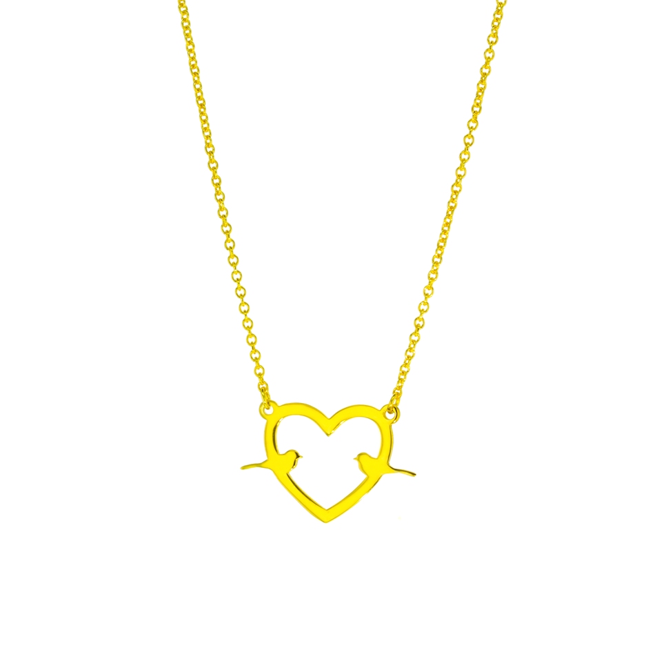 BIRDS ON HEART ON FINE HAMMERED CABLE CHAIN