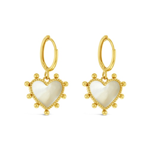 [EAR1096] ## 9Y HUGGIE WITH DROP M.O.P. HEART WITH BEADED BALL BORDER
