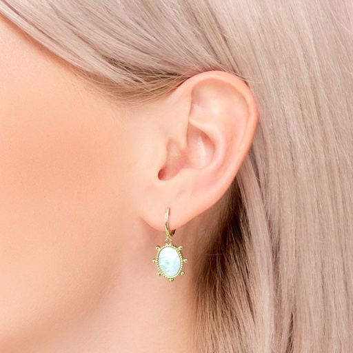 [EAR1098] 9Y HUGGIE WITH DROP M.O.P OVAL WITH BEADED BALL BORDER