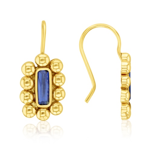 [EAR1287] 9Y BLUE STONE RECTANGLE HOOK DROP EARRING WITH BUBBLE BORDER