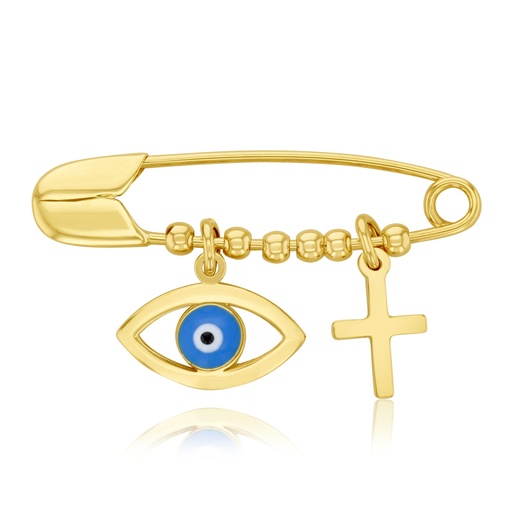 [BB254] 9Y SAFETY PIN W/ BLUE EVIL EYE & CROSS